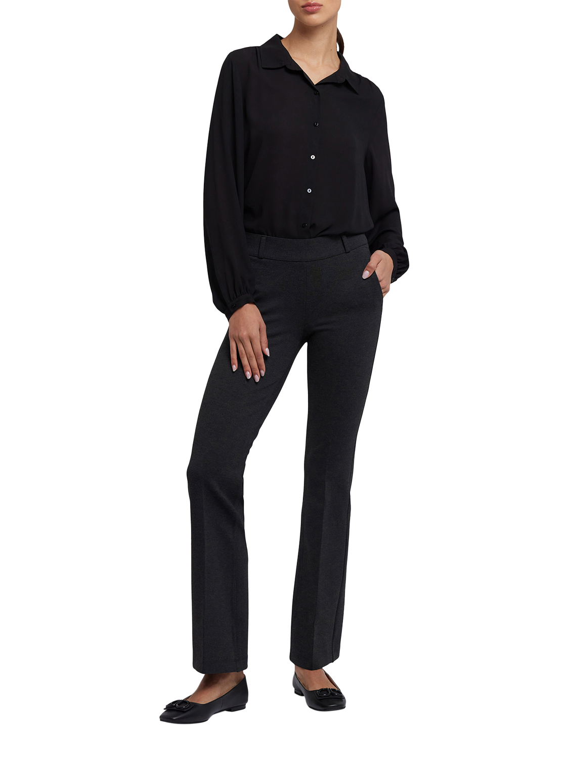 Product image 1 of 5, which shows NYDJ Pull-On Flared Trousers Sculpt-Her™ Collection, Charcoal Heather, XS