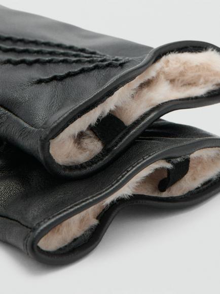Mango Hiedra Faux Fur Lined Pure Leather Gloves, Black - view 2, Black