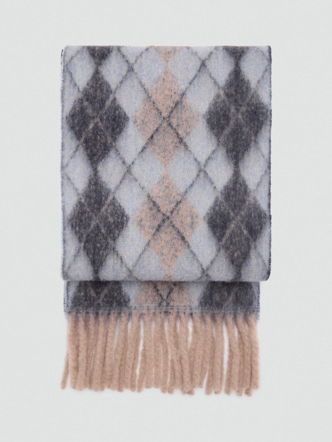 Product image 1 of 2, which shows Mango Argyle Diamond Fringed Scarf, Blue, One Size