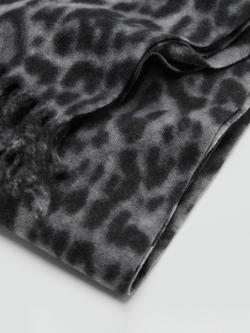 Mango Leoparda Leopard Print Fringed Scarf, Grey - view 2, Grey