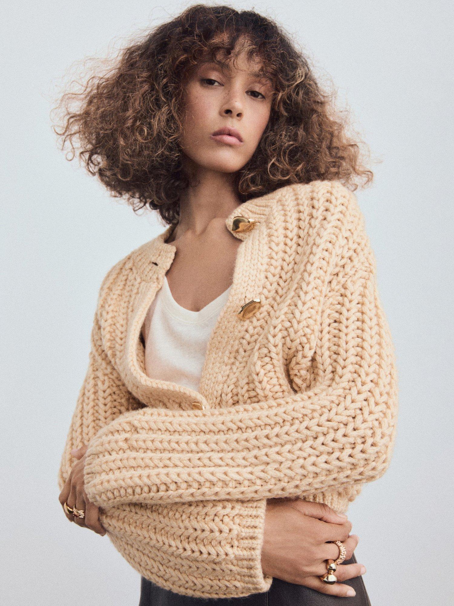 Product image 1 of 6, which shows Mango Farina Jewel Button Cardigan, Light Beige, L