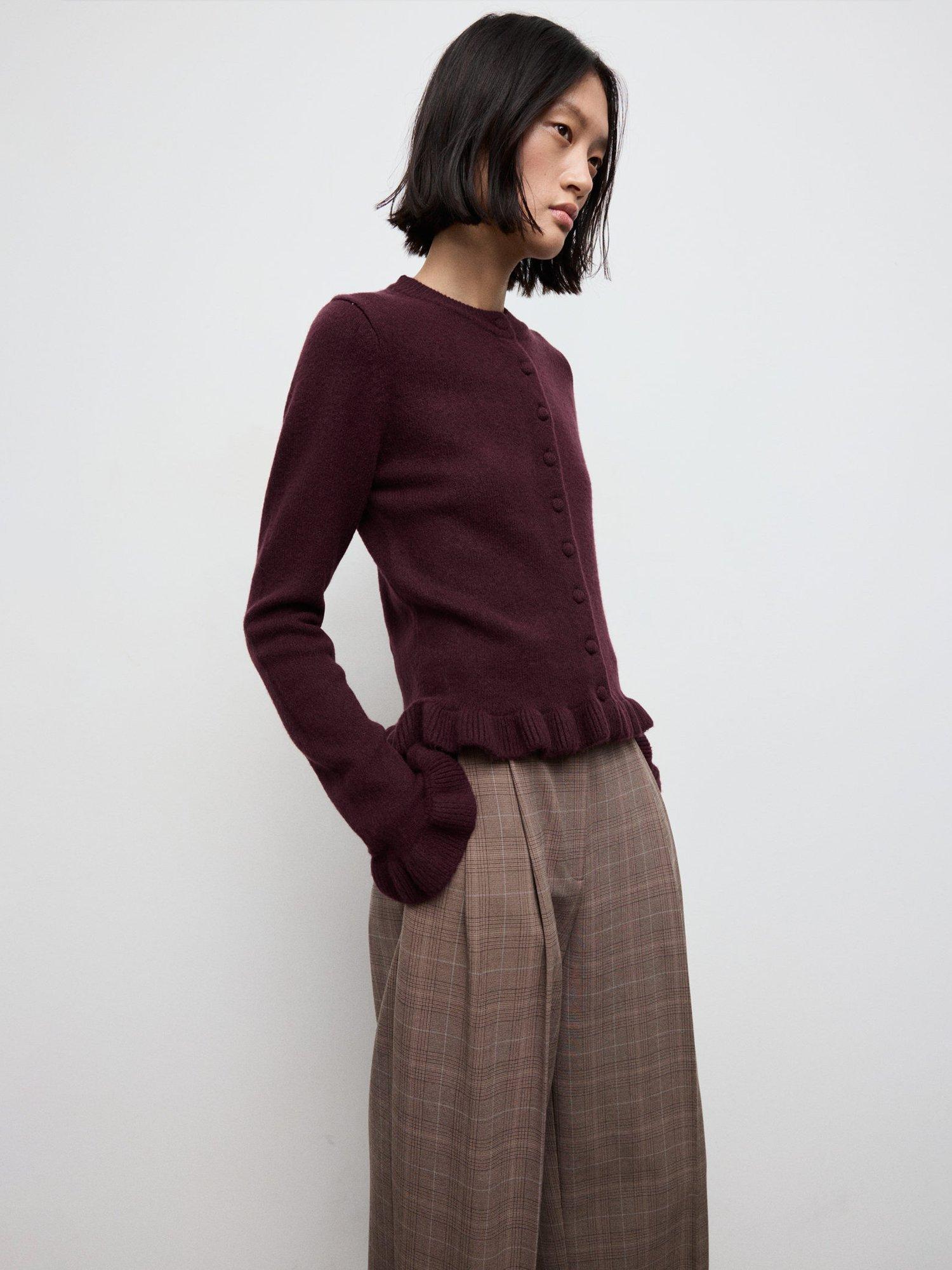 Product image 1 of 7, which shows Mango Fleur Ruffle Knit Cardigan, Dark Red, XXS