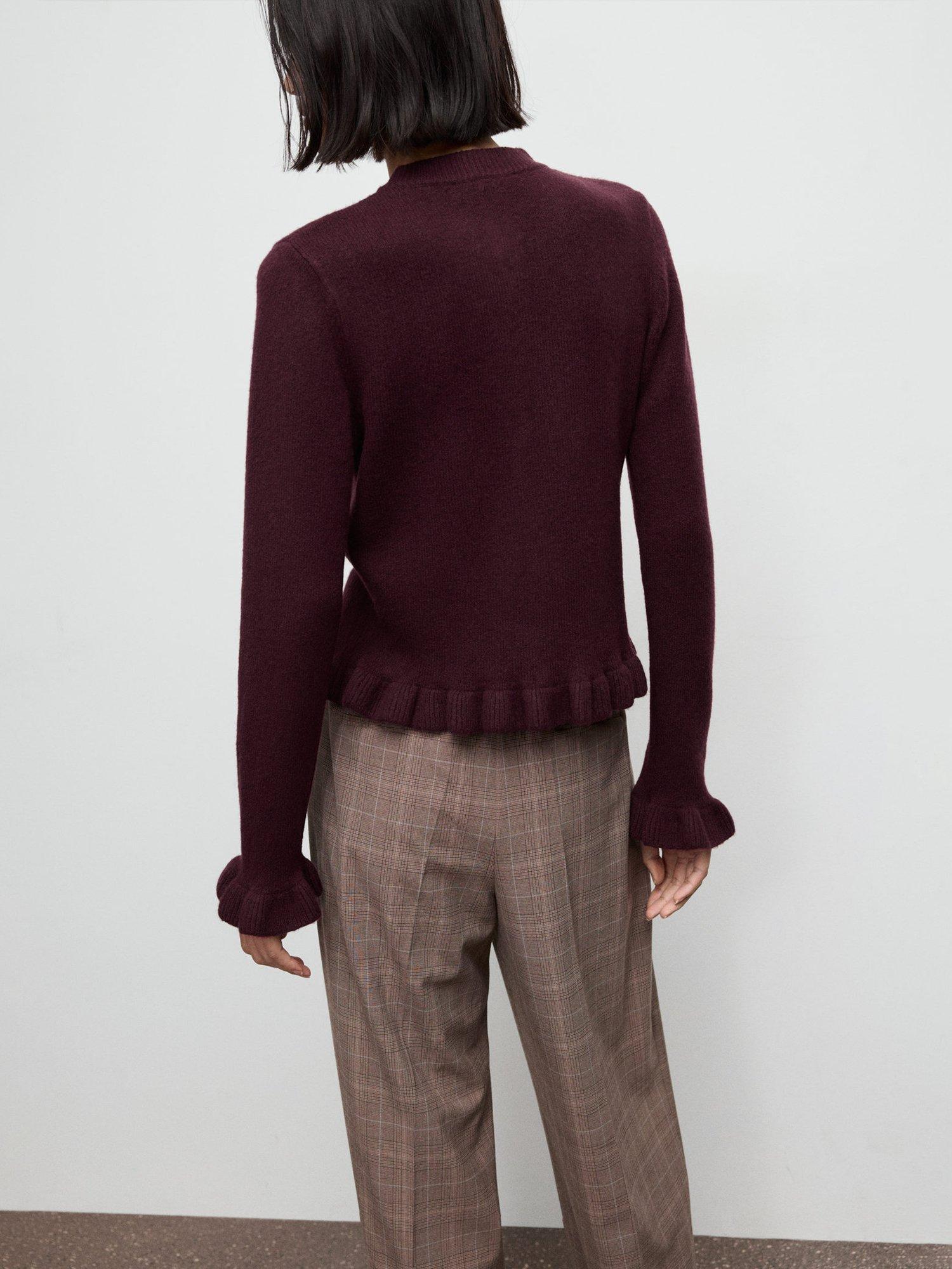 Product image 4 of 7, which shows Mango Fleur Ruffle Knit Cardigan, Dark Red, XXS