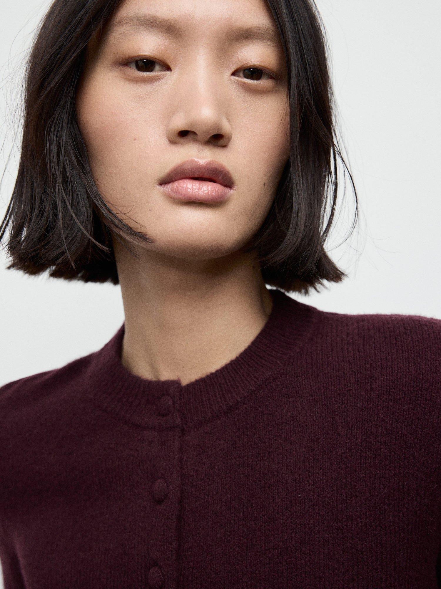 Product image 6 of 7, which shows Mango Fleur Ruffle Knit Cardigan, Dark Red, XXS