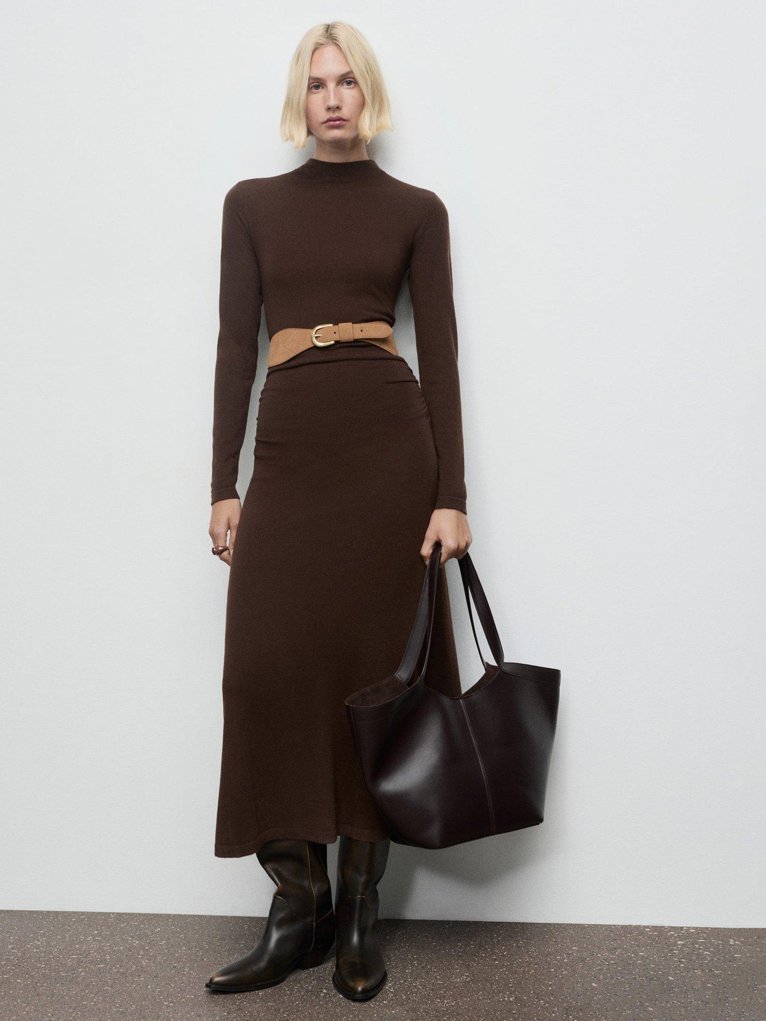 Product image 1 of 8, which shows Mango Brat Midi Dress, Dark Brown, 8