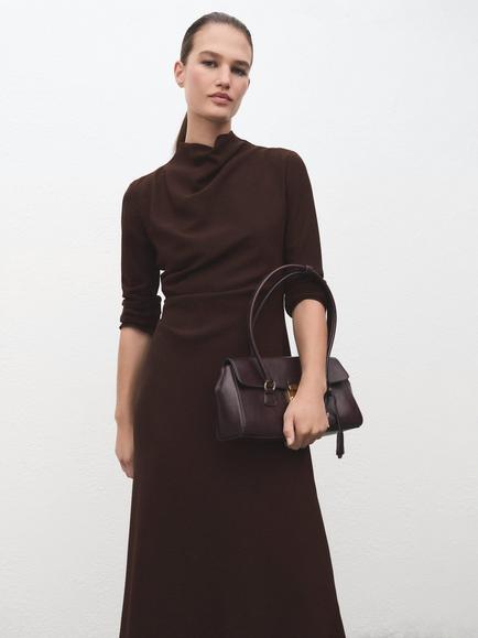 Mango Caro Ruched Midi Dress, Dark Brown, Dark Brown