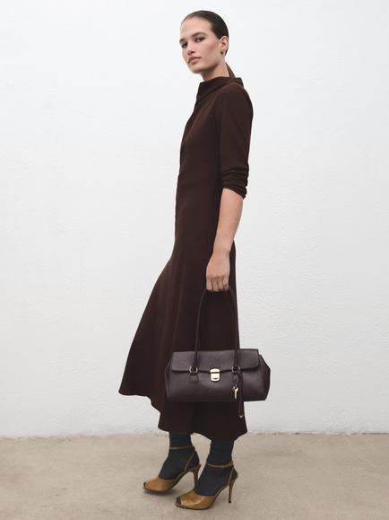 Mango Caro Ruched Midi Dress, Dark Brown - view 2, Dark Brown