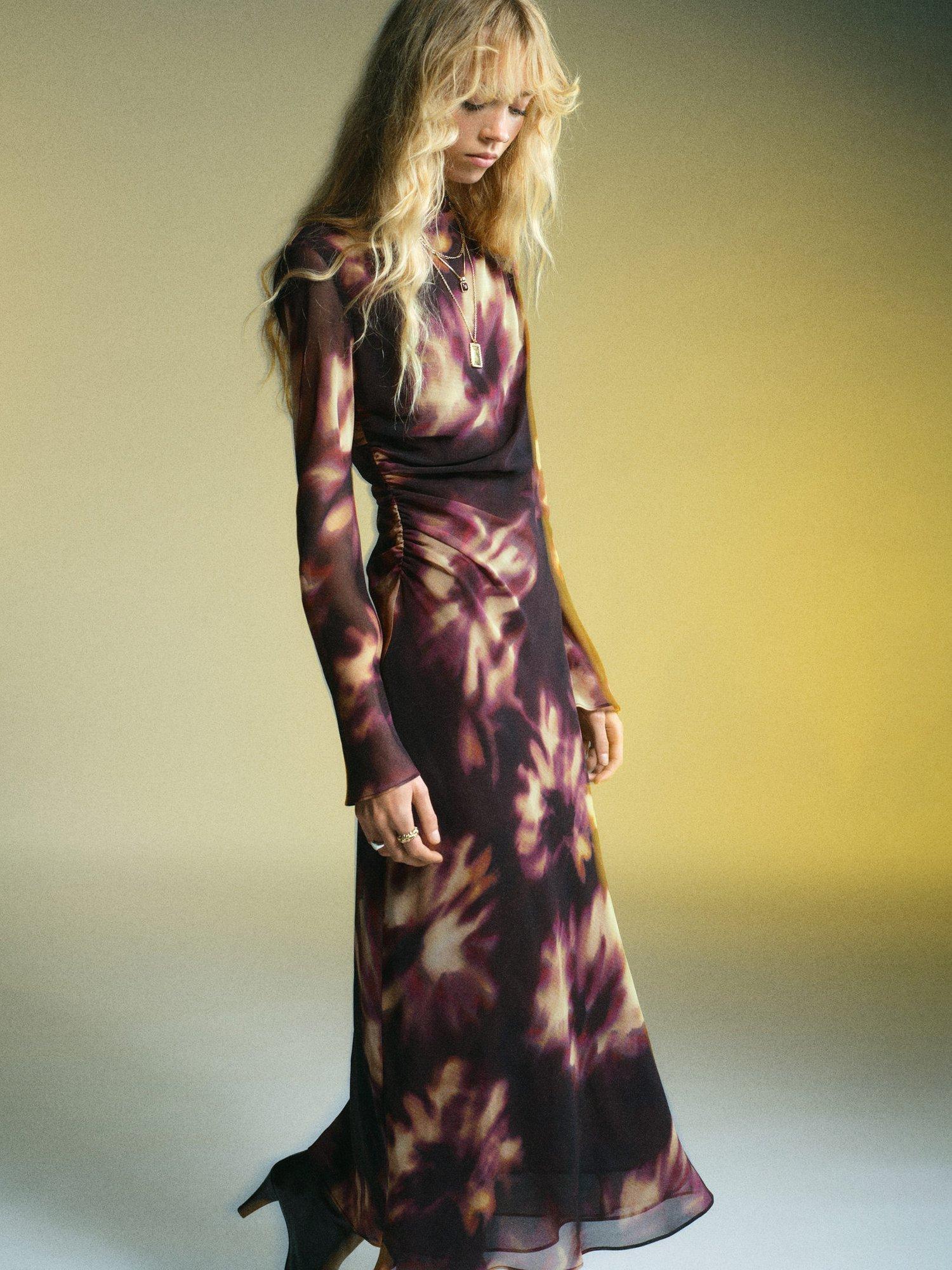 Product image 1 of 8, which shows Mango Giady Tie Dye Mesh Midi Dress, Dark Red, 8