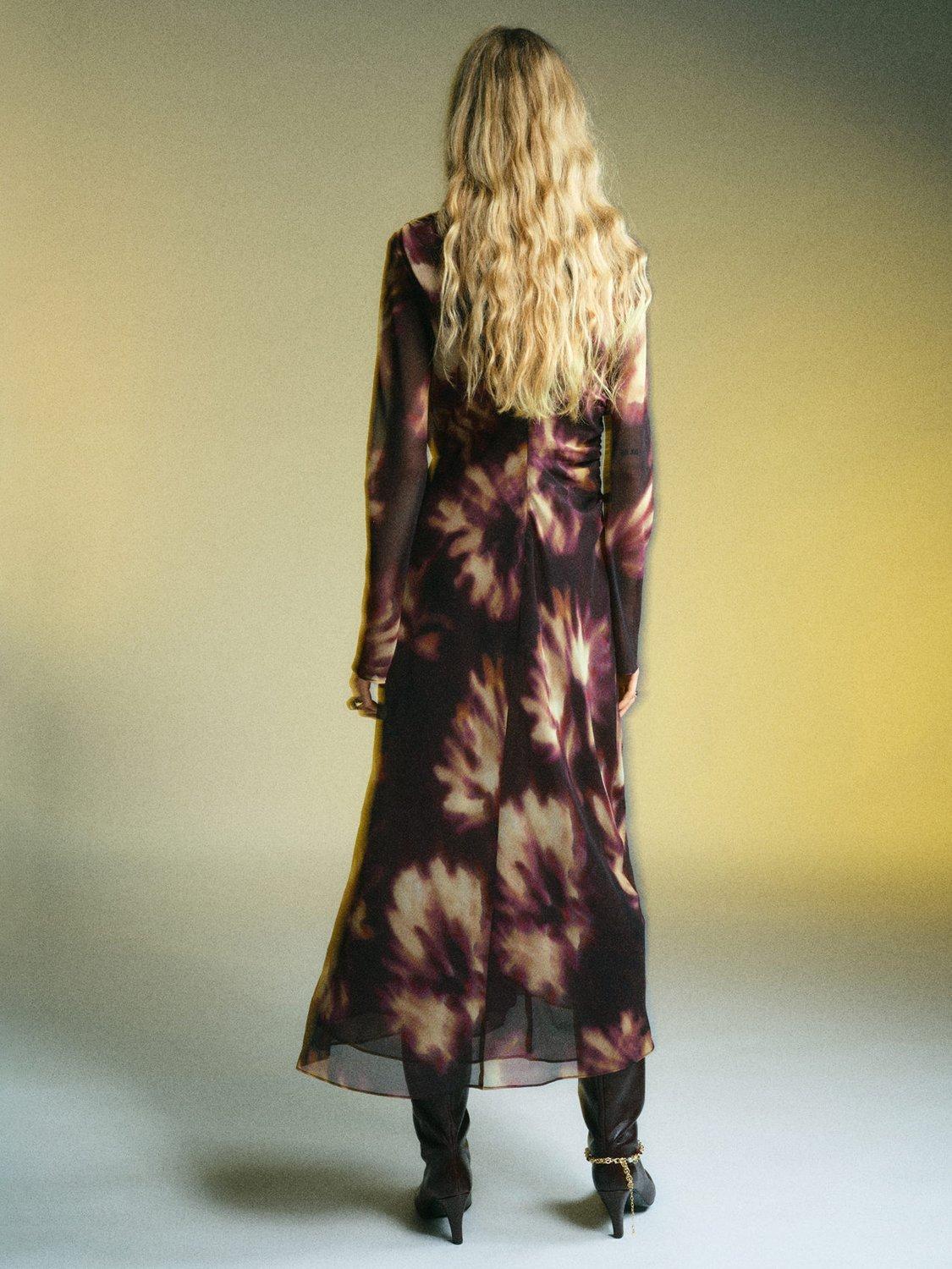 Product image 4 of 8, which shows Mango Giady Tie Dye Mesh Midi Dress, Dark Red, 8