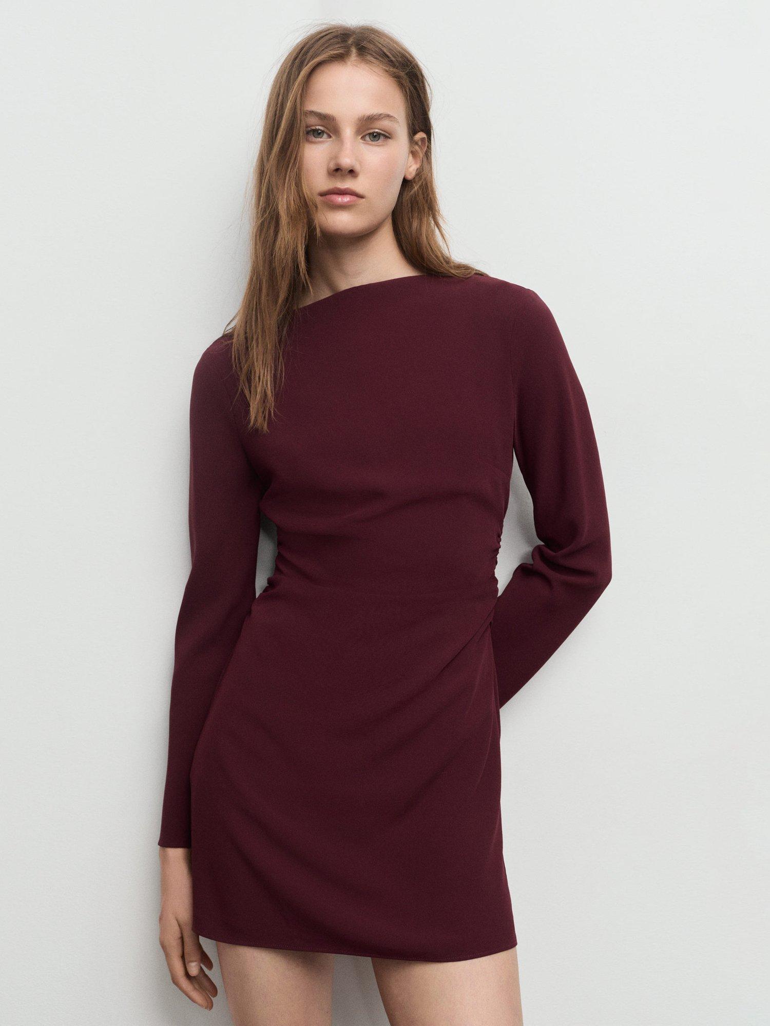 Product image 1 of 9, which shows Mango Saha Ruched Mini Dress, Dark Red, 12