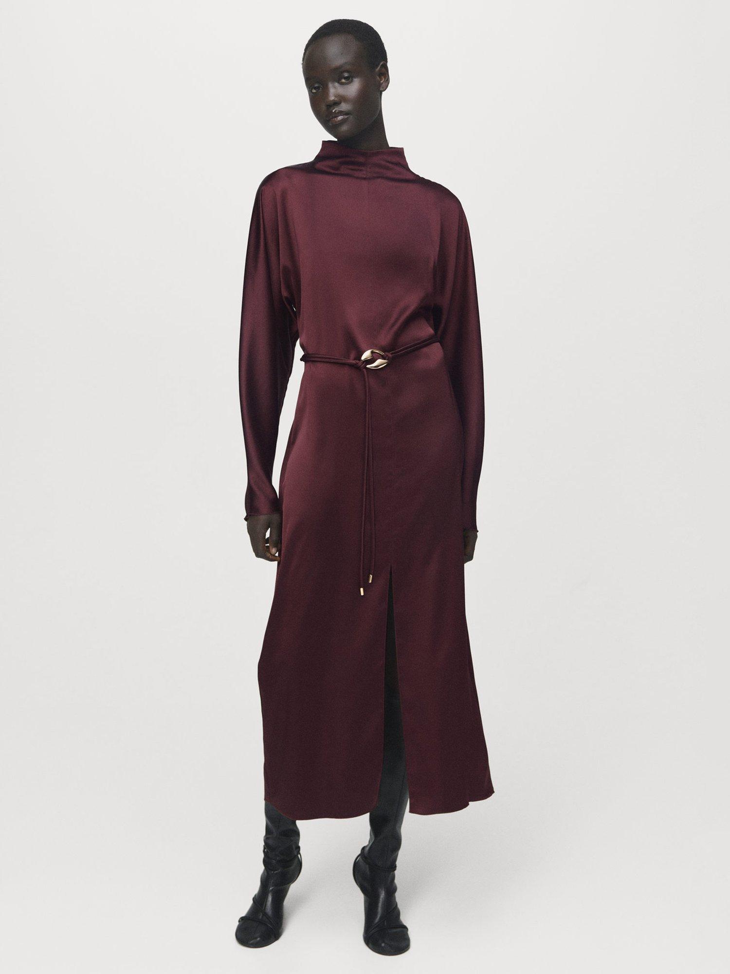 Product image 1 of 8, which shows Mango Susi Belted Satin Dress, Dark Red, 4