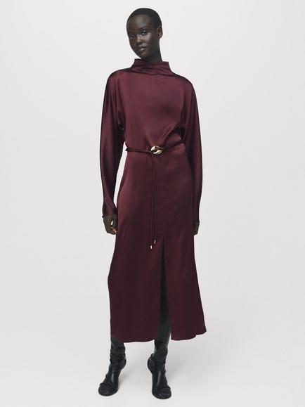 Mango Susi Belted Satin Dress, Dark Red, Dark Red