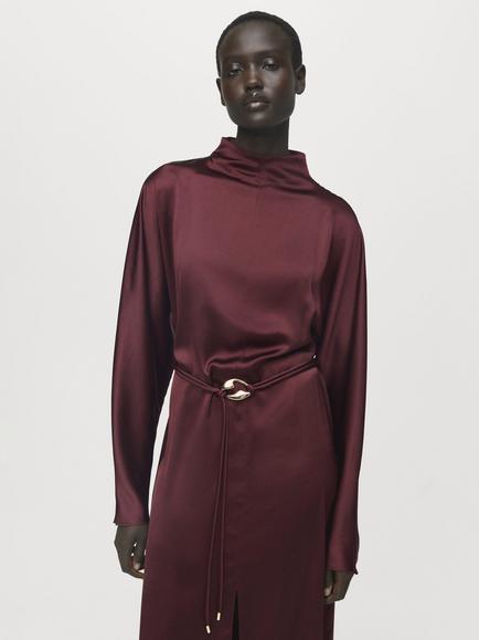 Mango Susi Belted Satin Dress, Dark Red - view 2, Dark Red