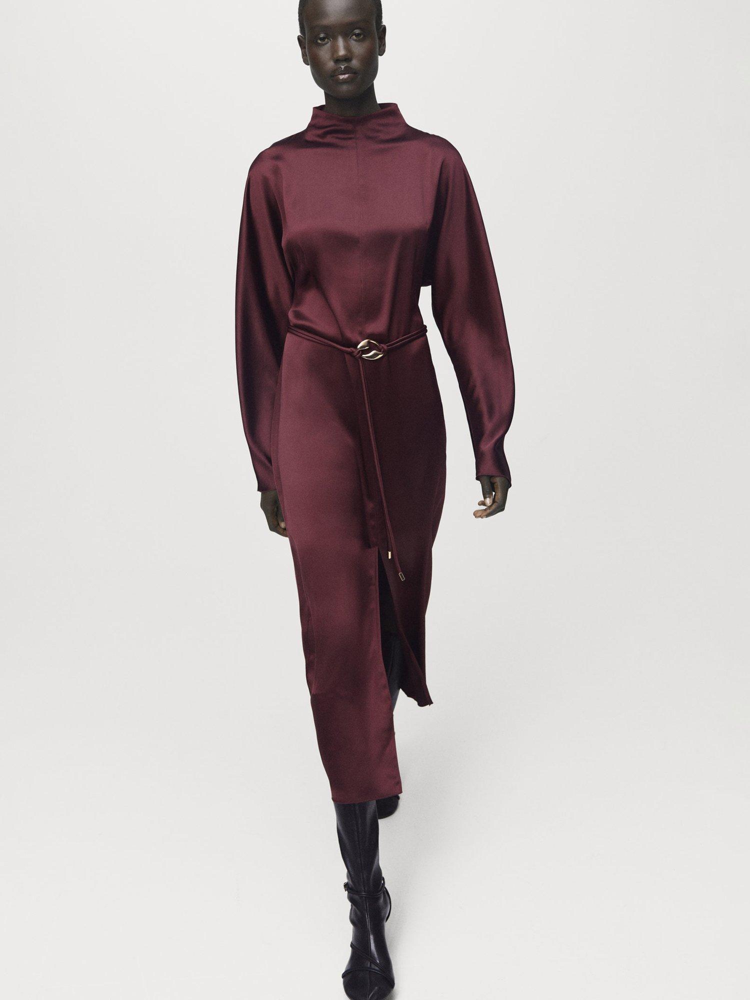 Product image 7 of 8, which shows Mango Susi Belted Satin Dress, Dark Red, 4