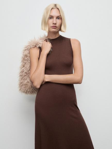 Mango Trufa High Neck Maxi Dress, Dark Brown - view 2, Dark Brown