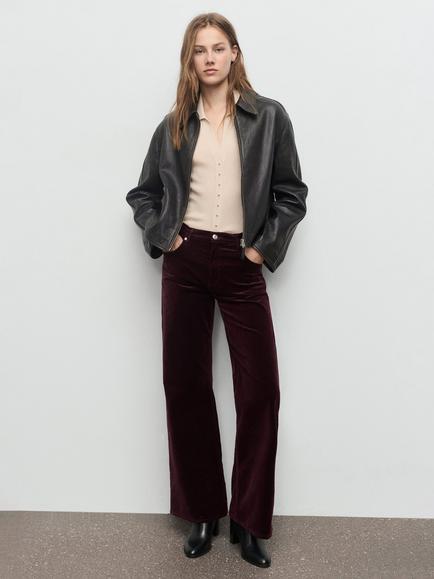 Mango Siracusa Velvet Wide Leg Jeans, Dark Red - view 2, Dark Red