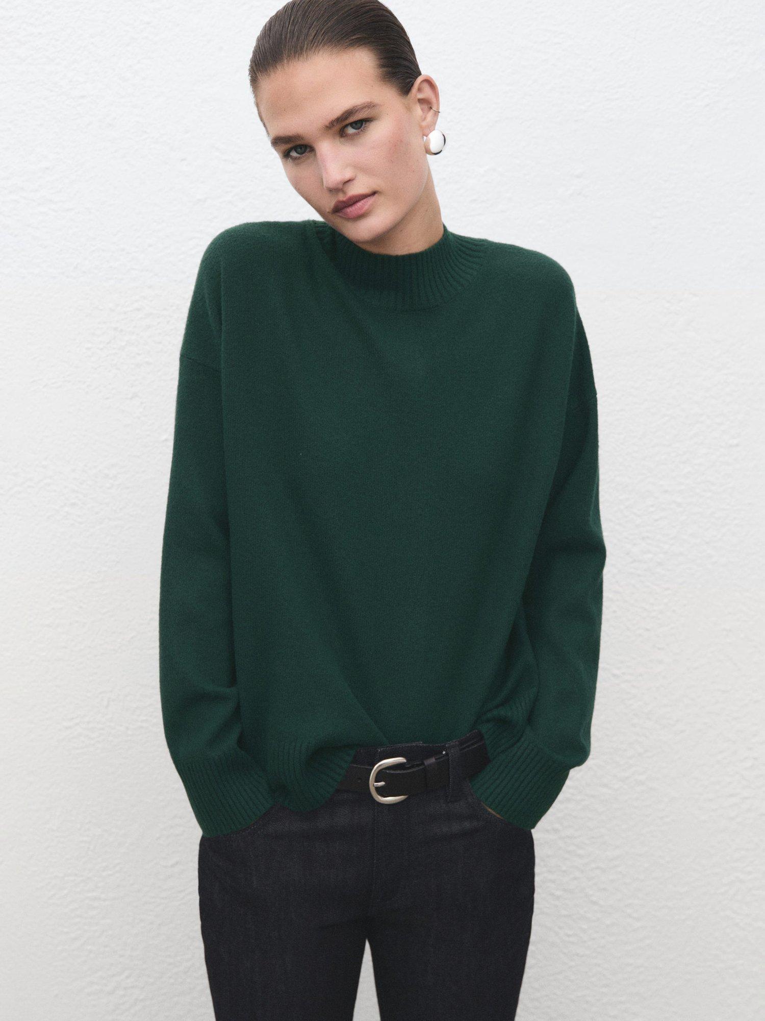 Mango Ameli Ribbed High Neck Jumper, Dark Green