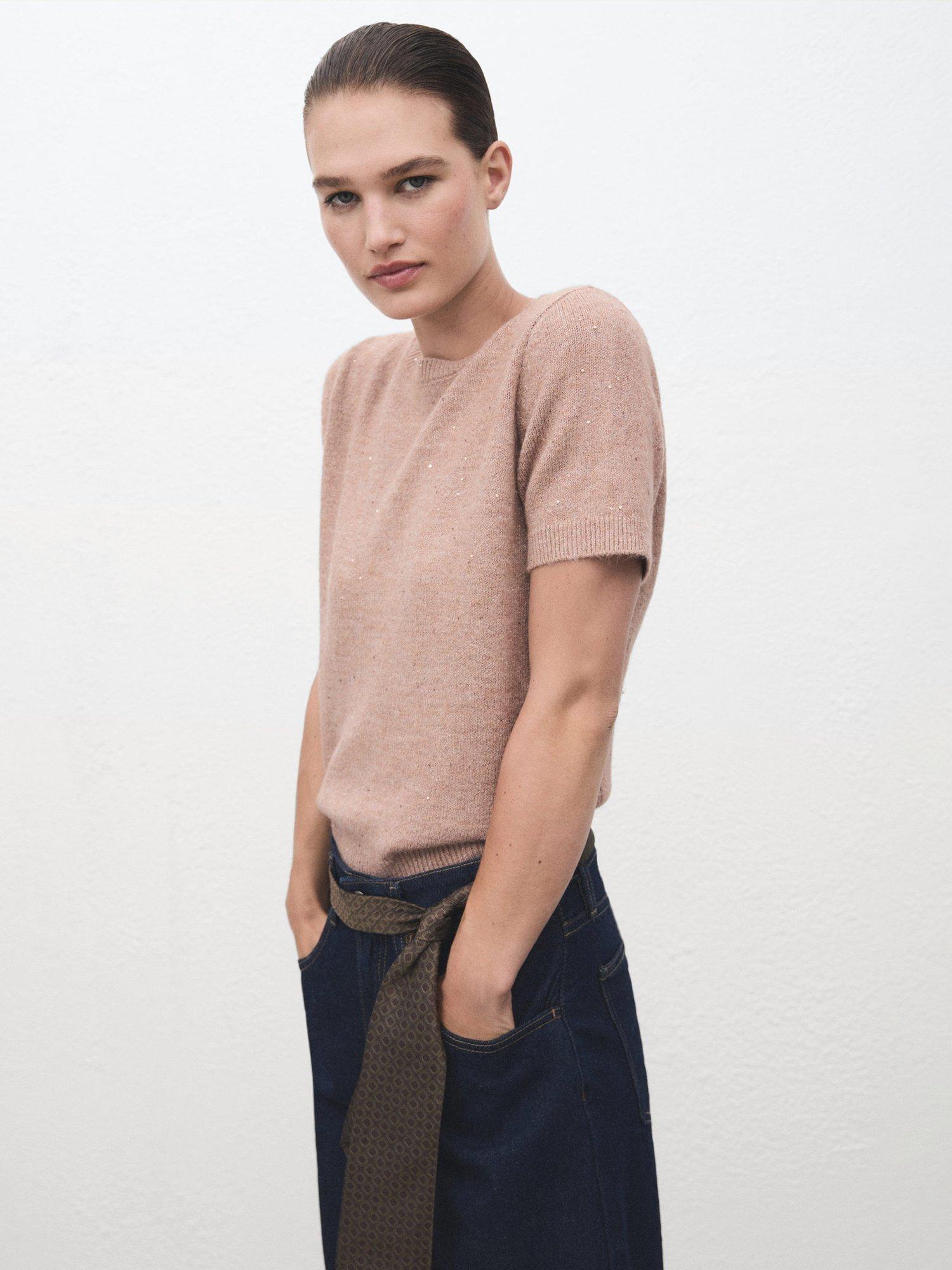 Mango Cabildo Knitted T-Shirt, Light Pink