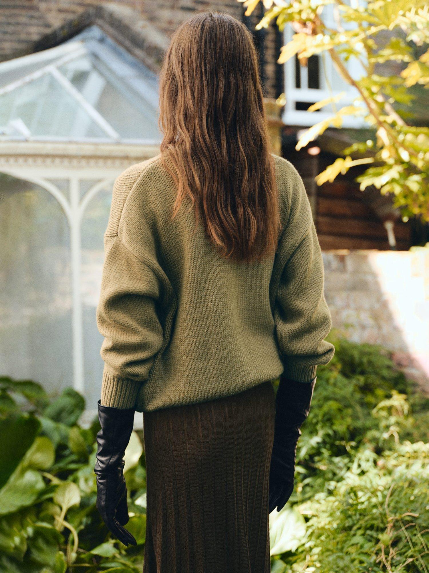 Product image 4 of 7, which shows Mango Flowery Oversized Chunky Knit Jumper, Dark Green, S