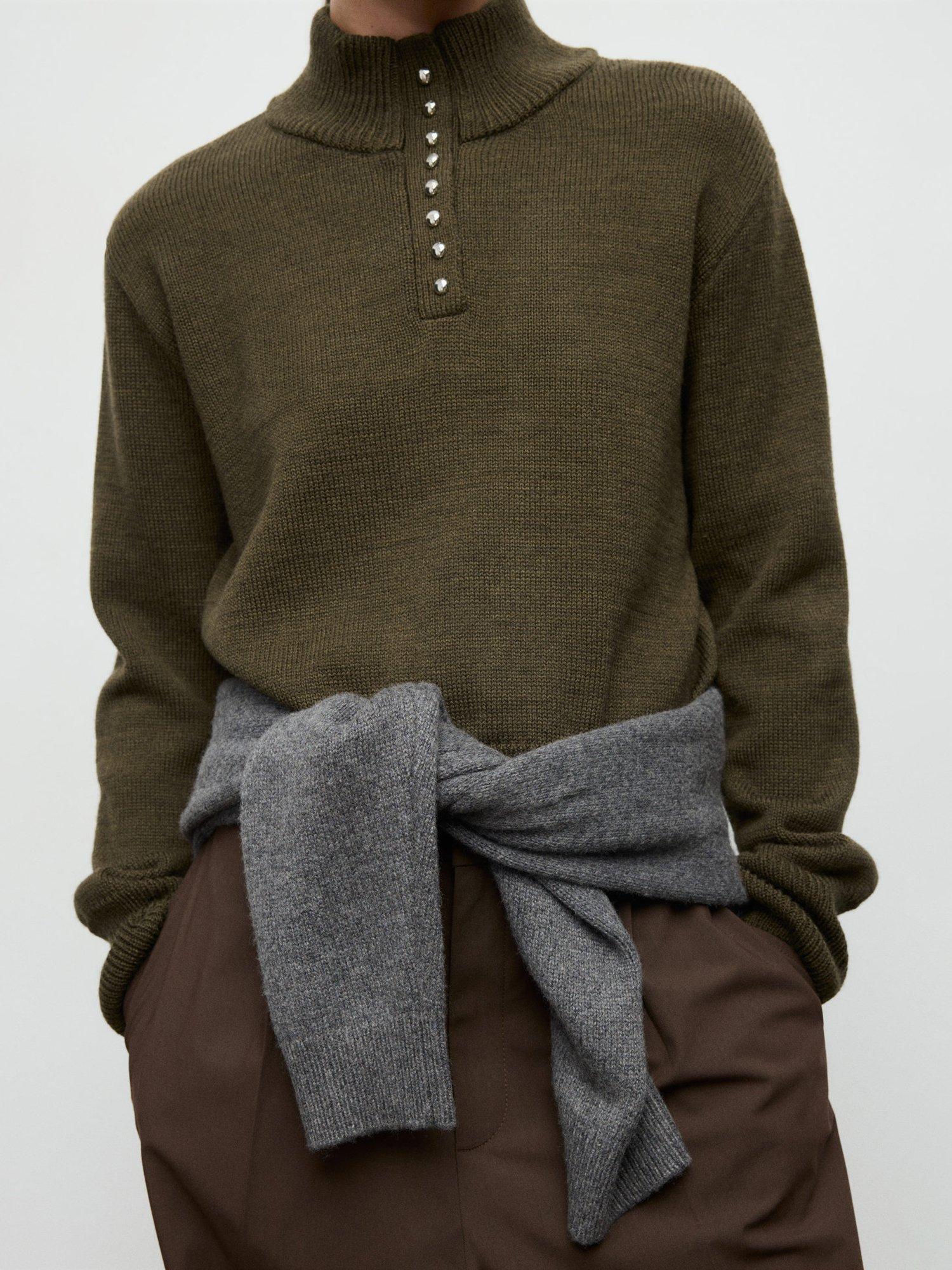 Product image 1 of 8, which shows Mango Limones Button Neck Jumper, Khaki, XS