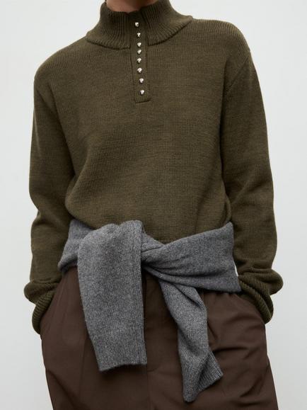 Mango Limones Button Neck Jumper, Khaki