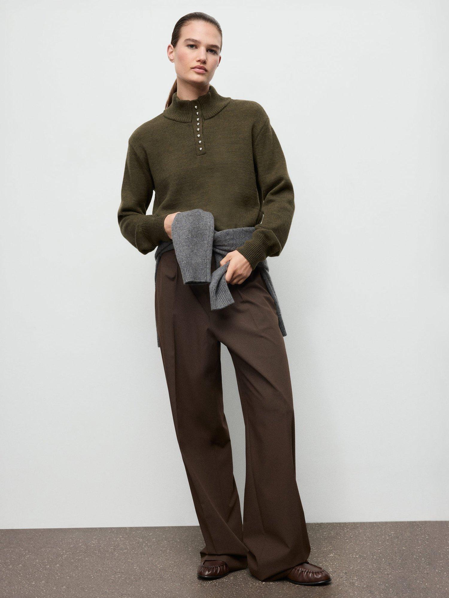 Product image 2 of 8, which shows Mango Limones Button Neck Jumper, Khaki, XS