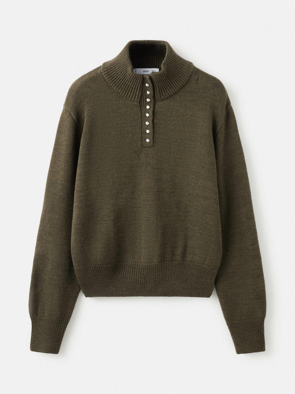 Product image 3 of 8, which shows Mango Limones Button Neck Jumper, Khaki, XS