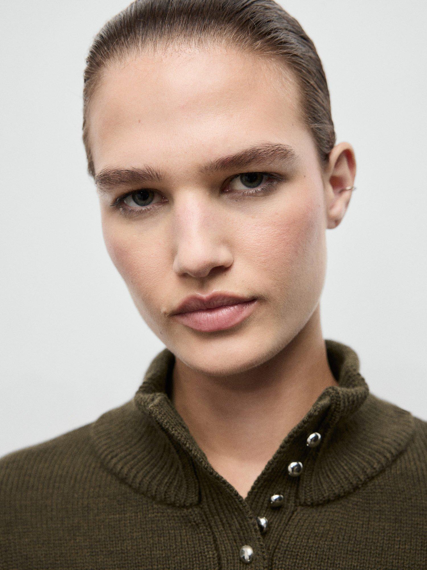 Product image 6 of 8, which shows Mango Limones Button Neck Jumper, Khaki, XS