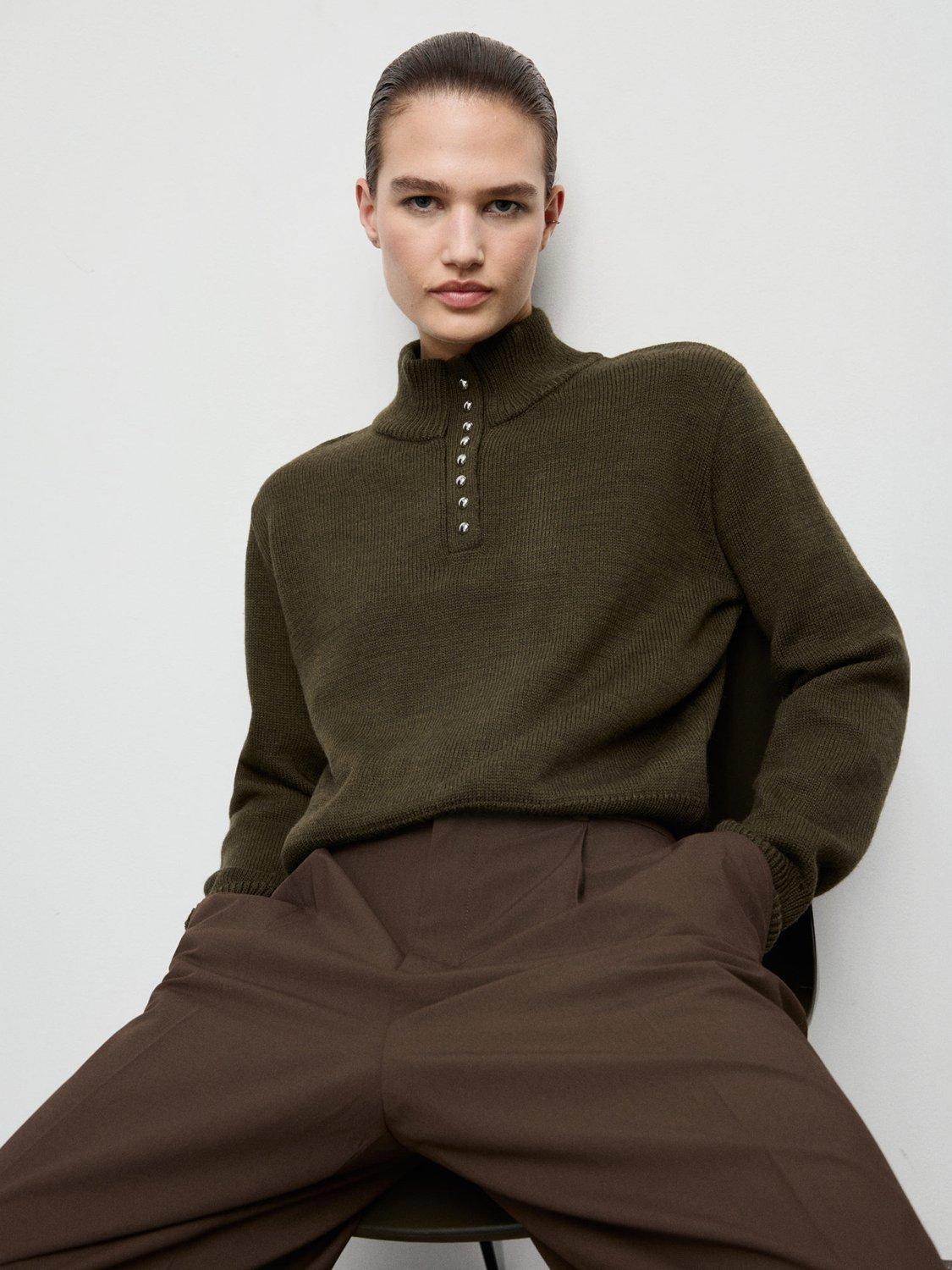 Product image 7 of 8, which shows Mango Limones Button Neck Jumper, Khaki, XS