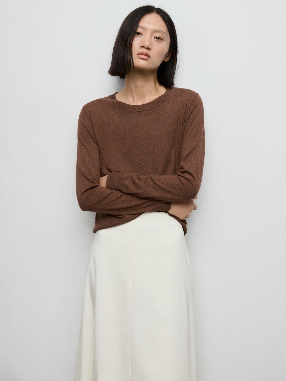 Mango Lucca Crew Neck Fine Knit Jumper, Brown