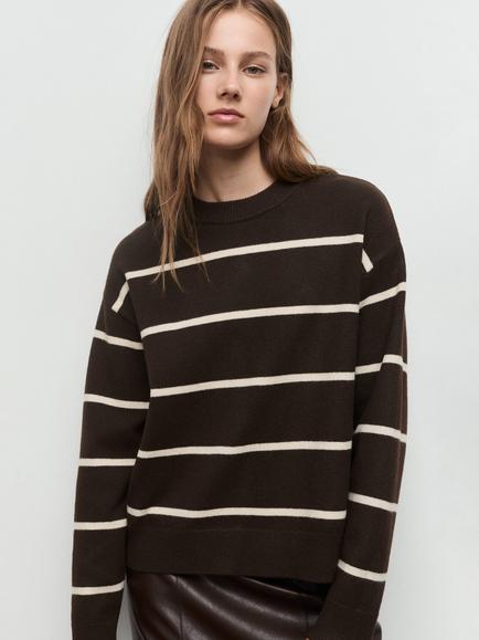 Mango Marina Stripe Jumper, Dark Brown