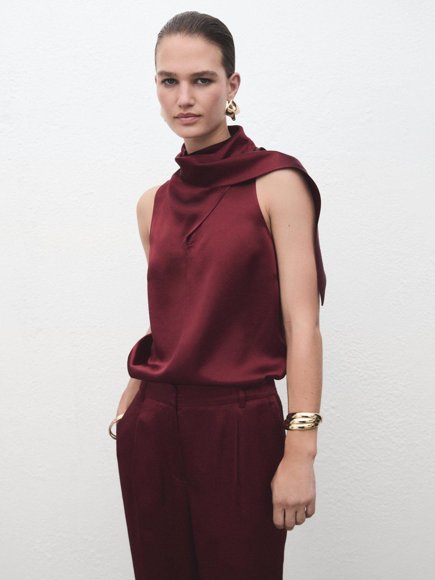 Mango Brick Scarf Detail Satin Top, Rust/Copper