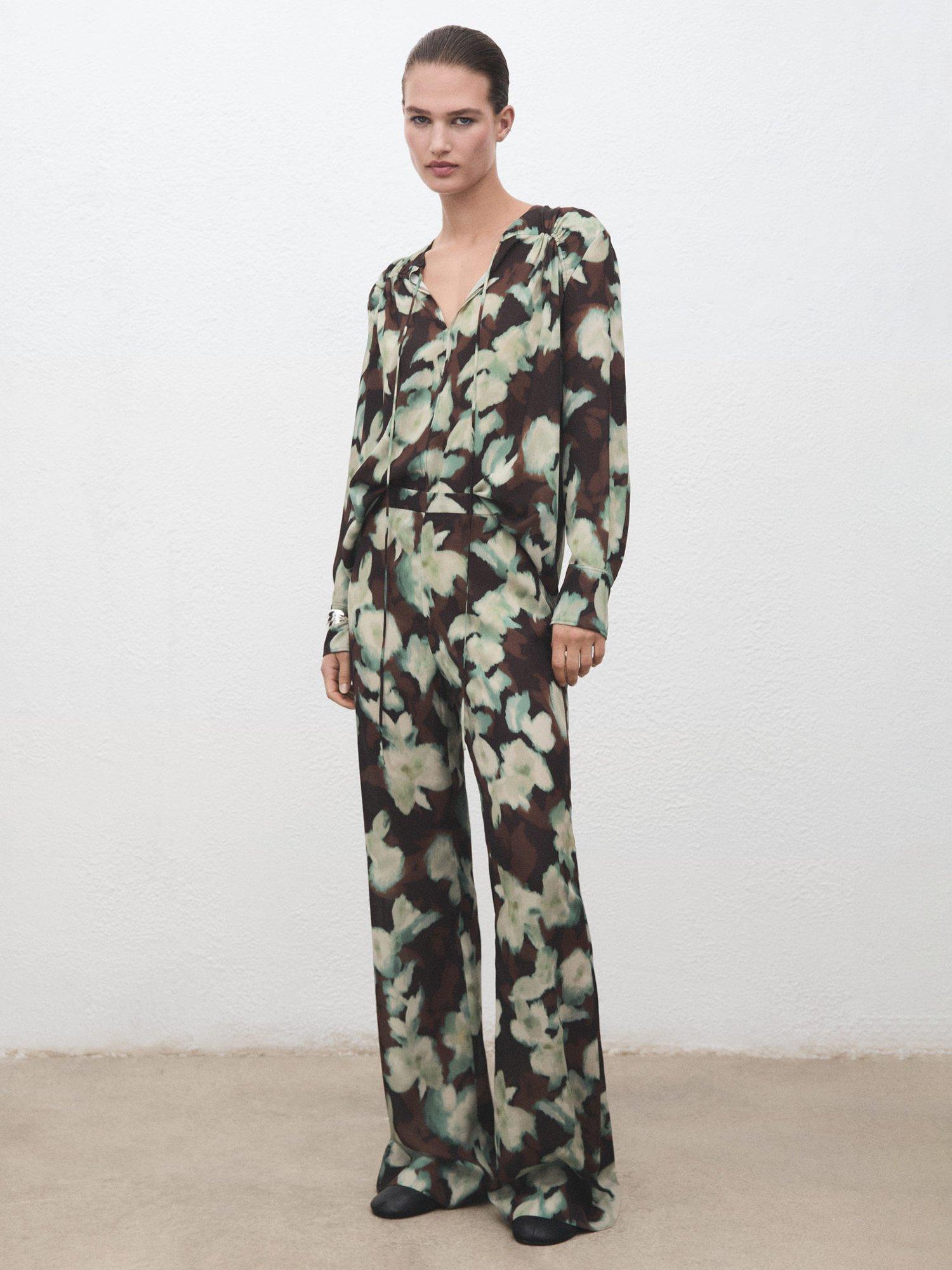 Product image 1 of 8, which shows Mango Patrik Floral Tie Neck Top, Green/Multi, 10