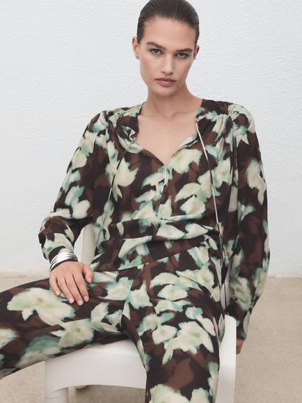 Mango Patrik Floral Tie Neck Top, Green/Multi - view 2, Green/Multi