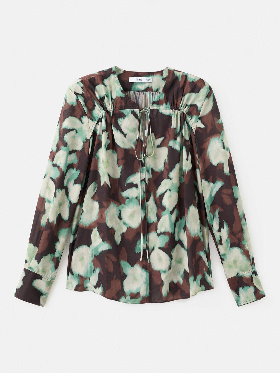 Product image 3 of 8, which shows Mango Patrik Floral Tie Neck Top, Green/Multi, 10