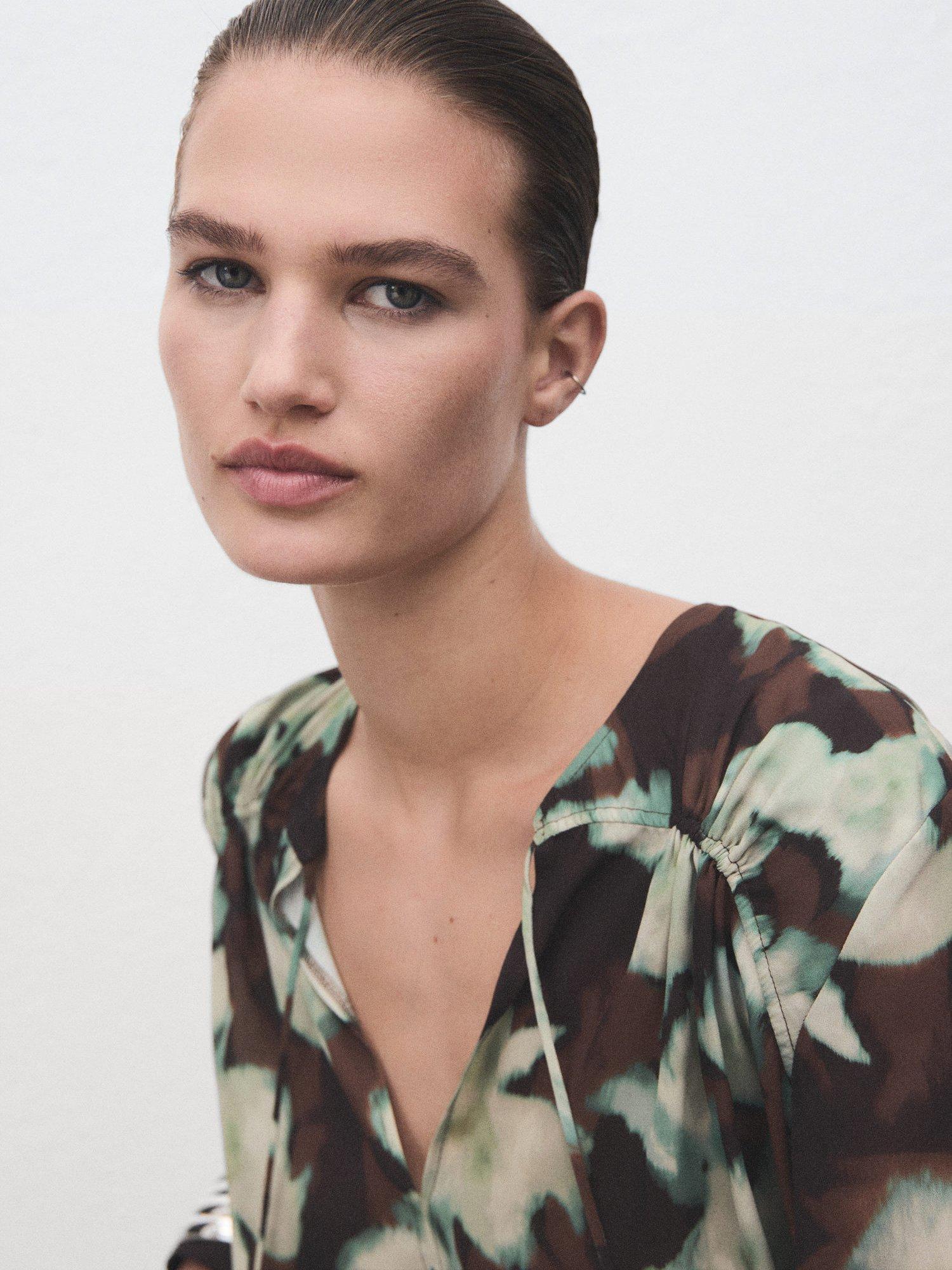 Product image 6 of 8, which shows Mango Patrik Floral Tie Neck Top, Green/Multi, 10
