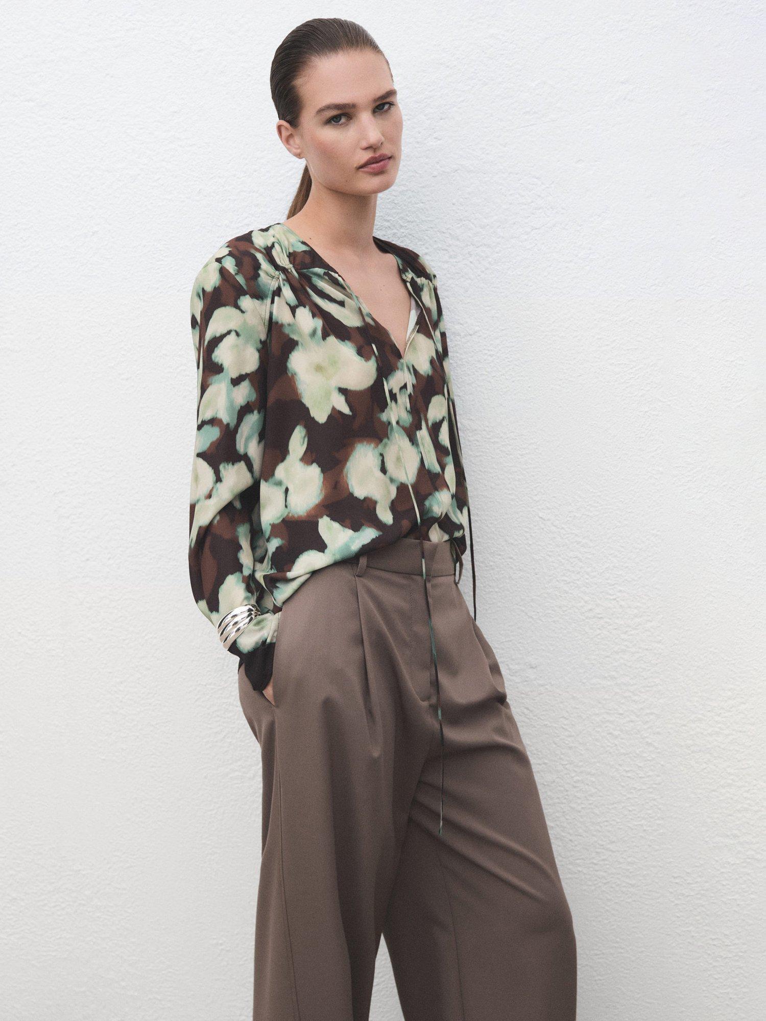 Product image 7 of 8, which shows Mango Patrik Floral Tie Neck Top, Green/Multi, 10
