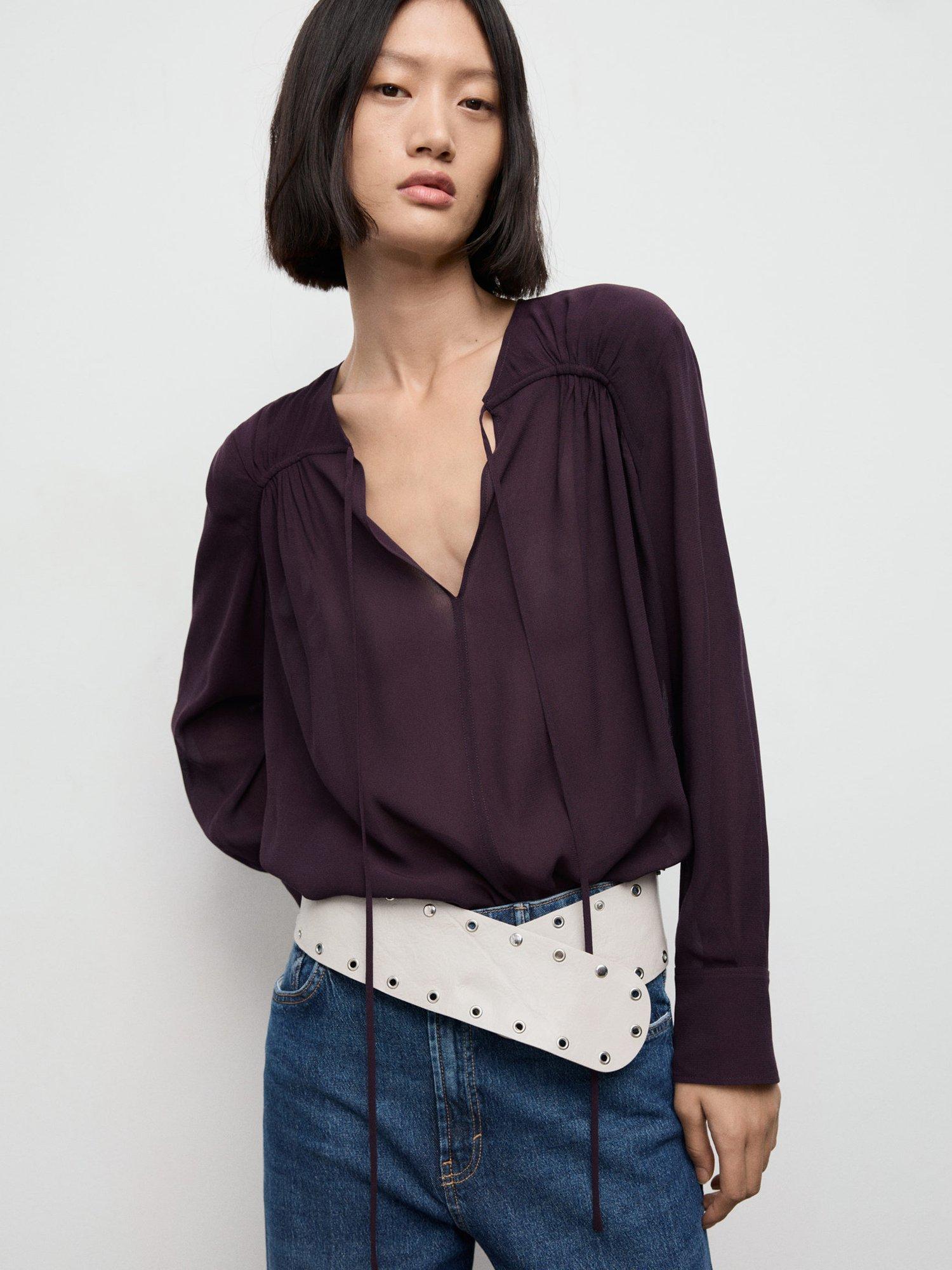 Product image 1 of 8, which shows Mango Patrik Tie Neck Top, Dark Red, 10