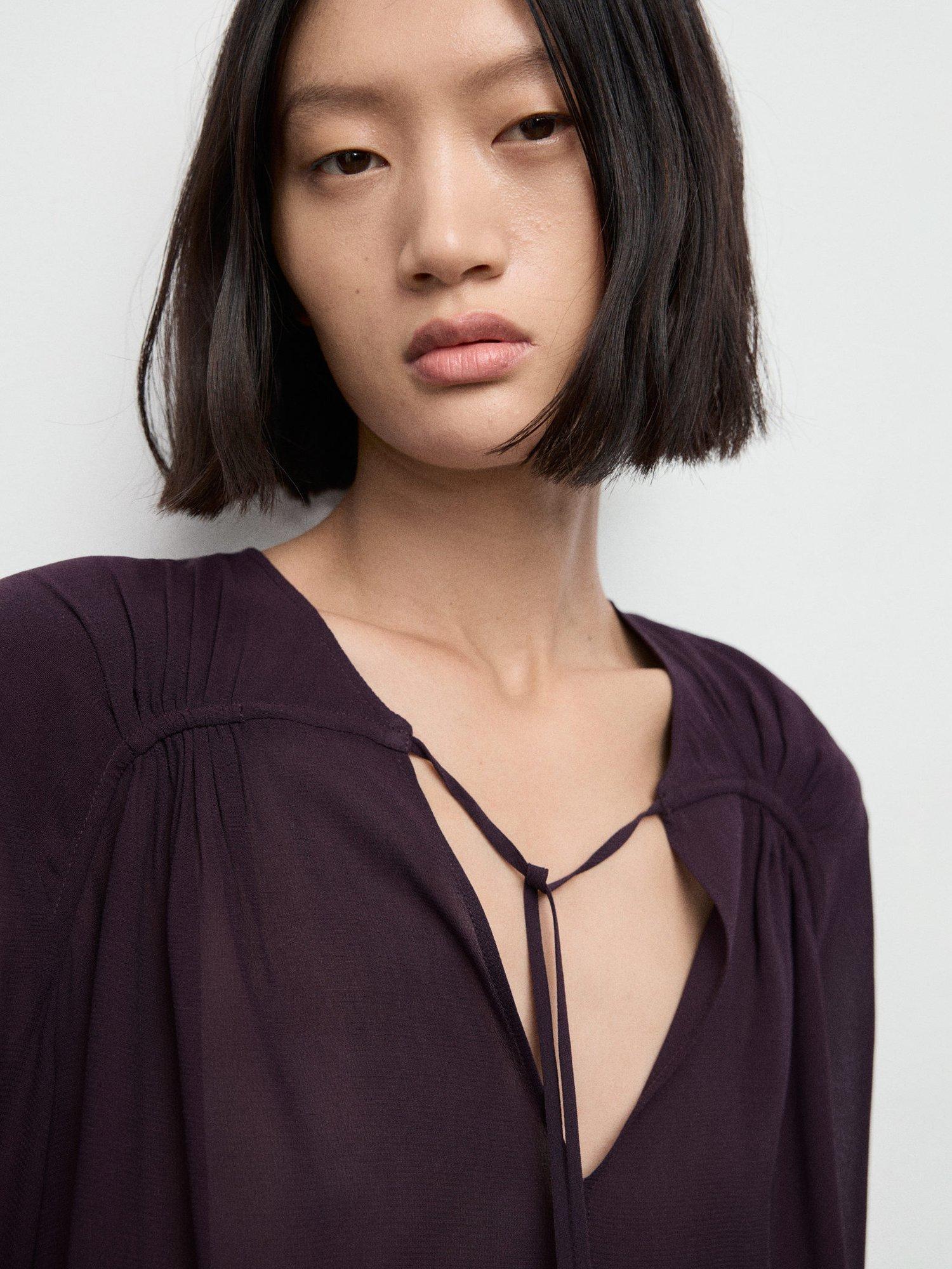 Product image 6 of 8, which shows Mango Patrik Tie Neck Top, Dark Red, 10