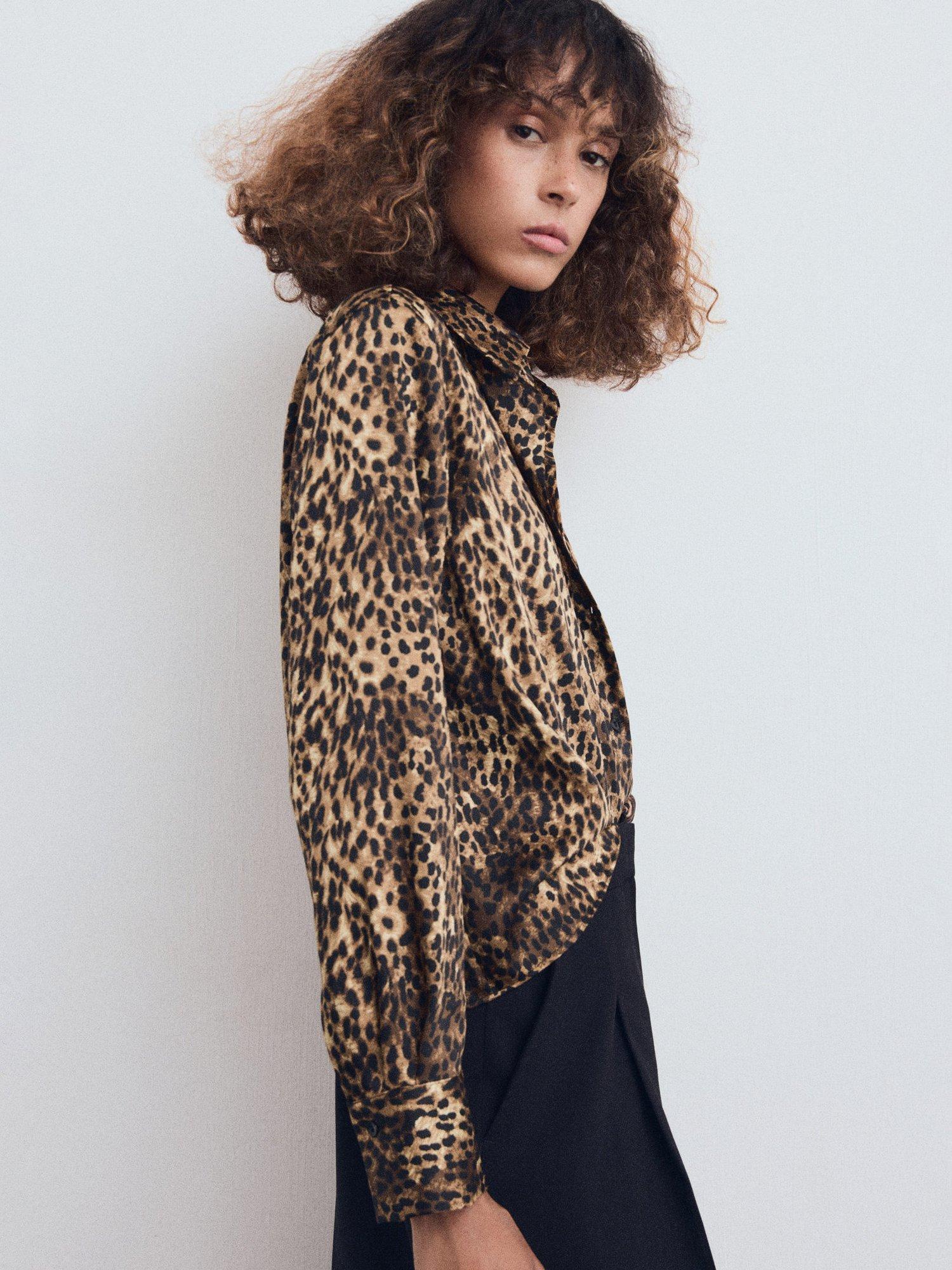 Product image 1 of 7, which shows Mango Piedra Leopard Print Satin Shirt, Brown, 6