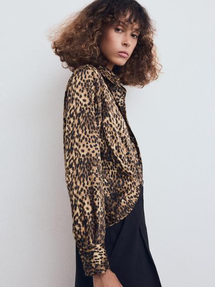 Mango Piedra Leopard Print Satin Shirt, Brown, Brown