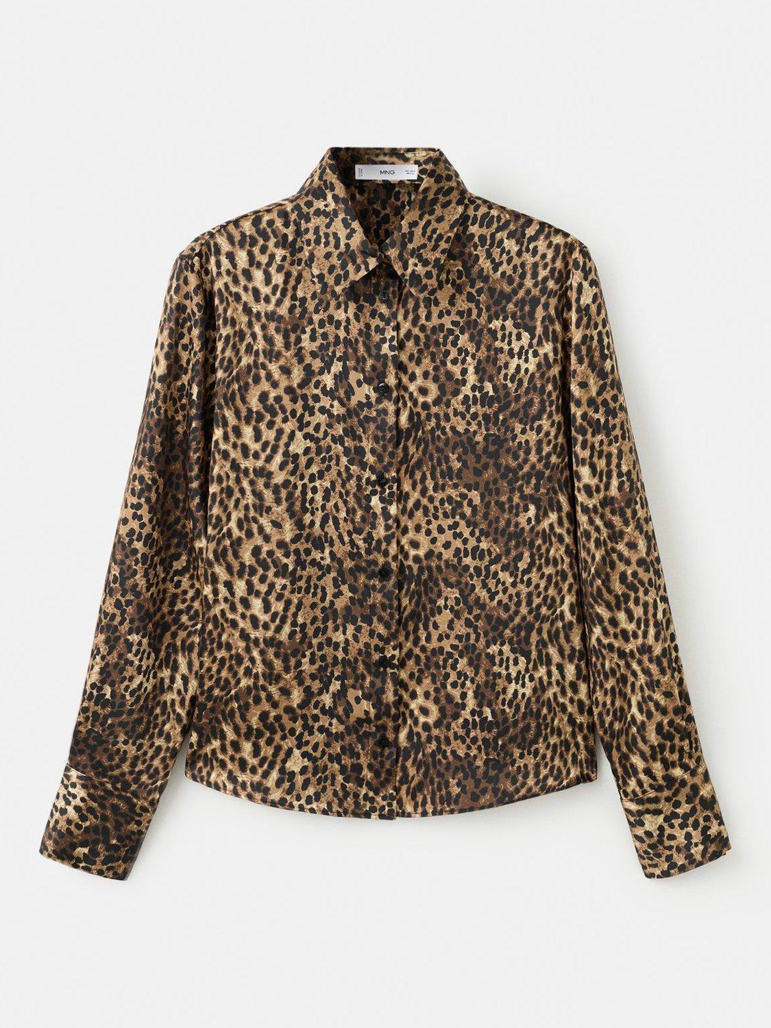 Product image 3 of 7, which shows Mango Piedra Leopard Print Satin Shirt, Brown, 6