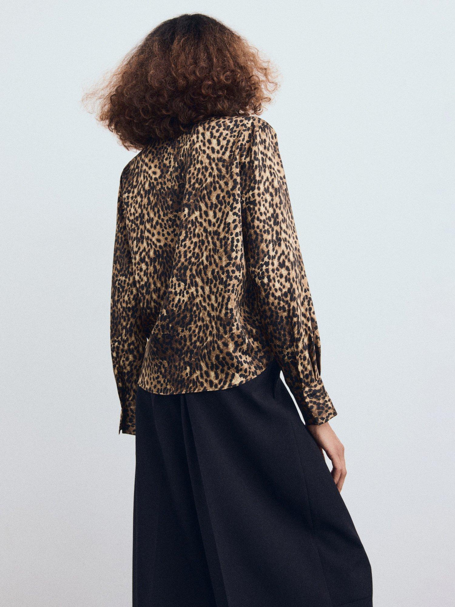 Product image 4 of 7, which shows Mango Piedra Leopard Print Satin Shirt, Brown, 6