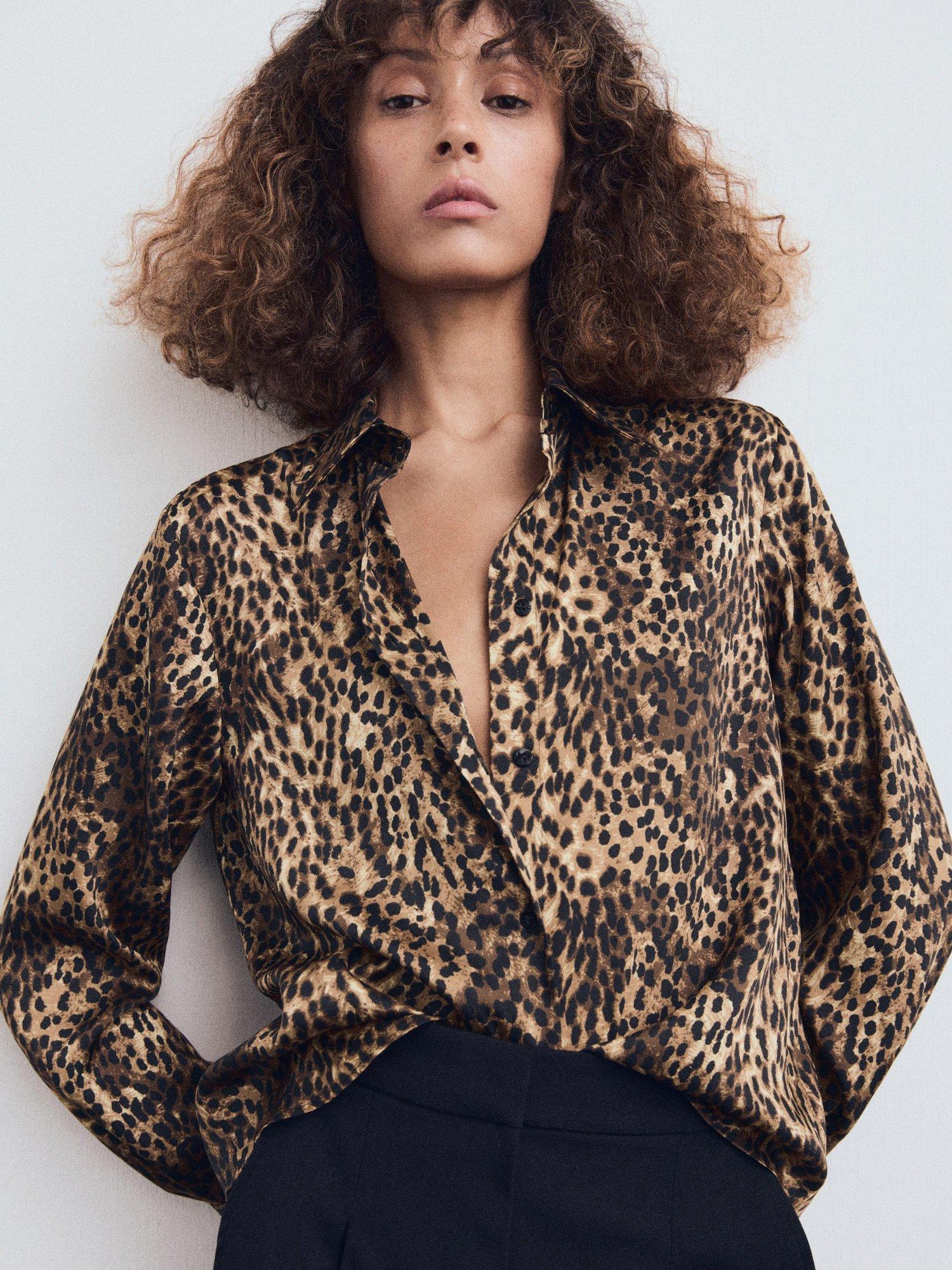 Product image 6 of 7, which shows Mango Piedra Leopard Print Satin Shirt, Brown, 6