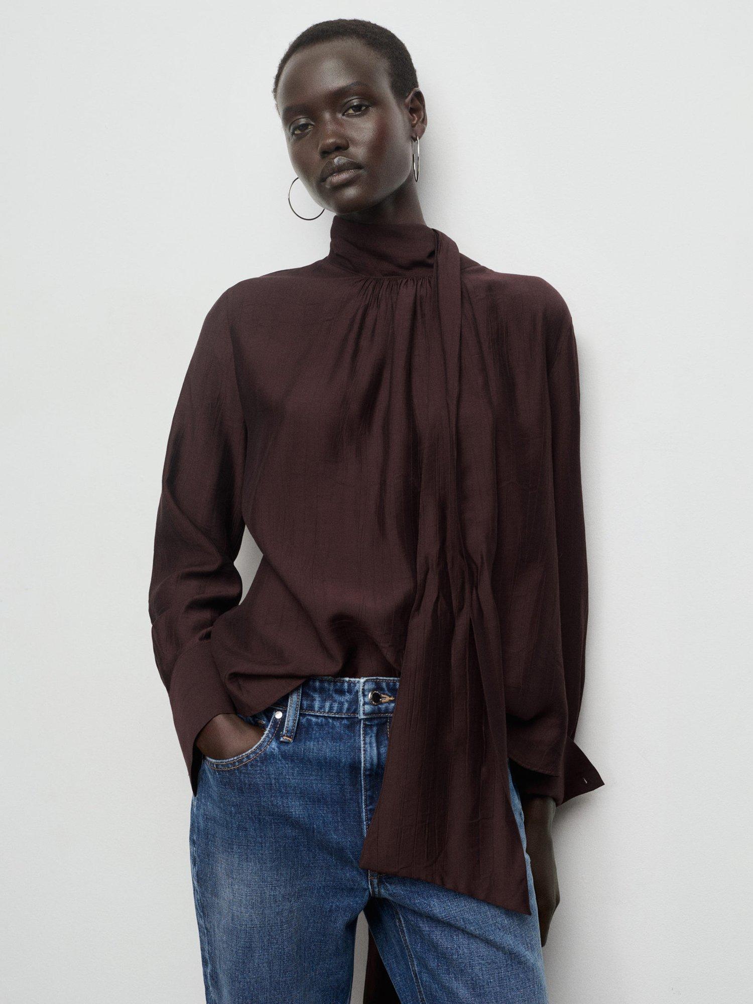 Product image 1 of 8, which shows Mango Stut Scarf Detail Textured Top, Brown, 4
