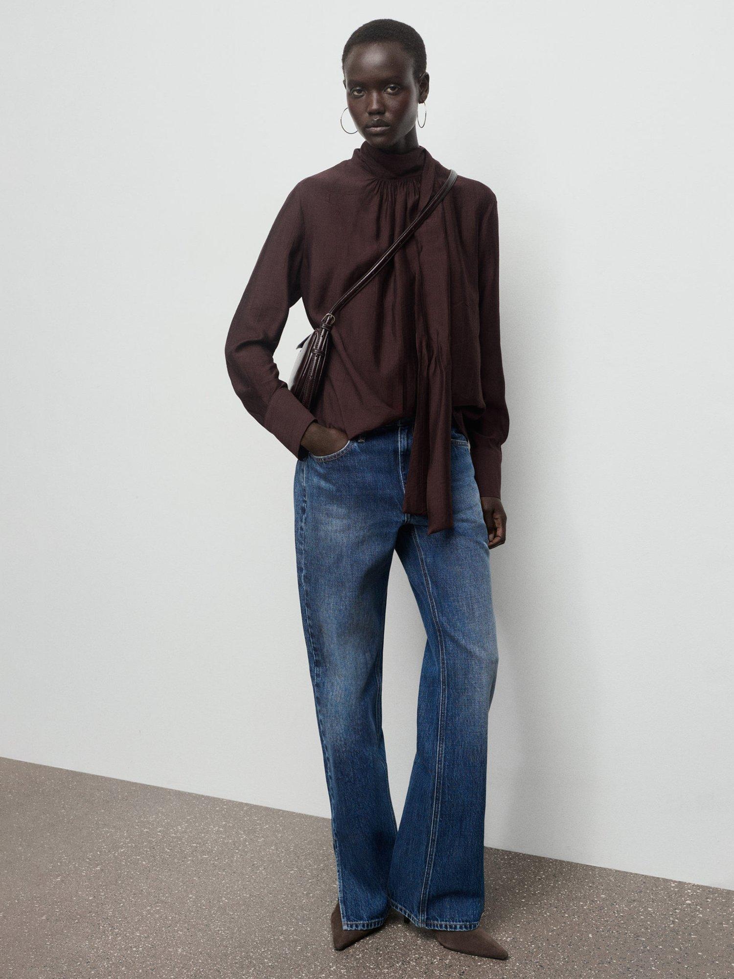 Product image 2 of 8, which shows Mango Stut Scarf Detail Textured Top, Brown, 4