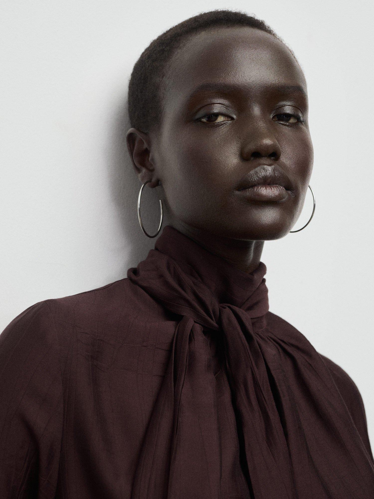 Product image 6 of 8, which shows Mango Stut Scarf Detail Textured Top, Brown, 4