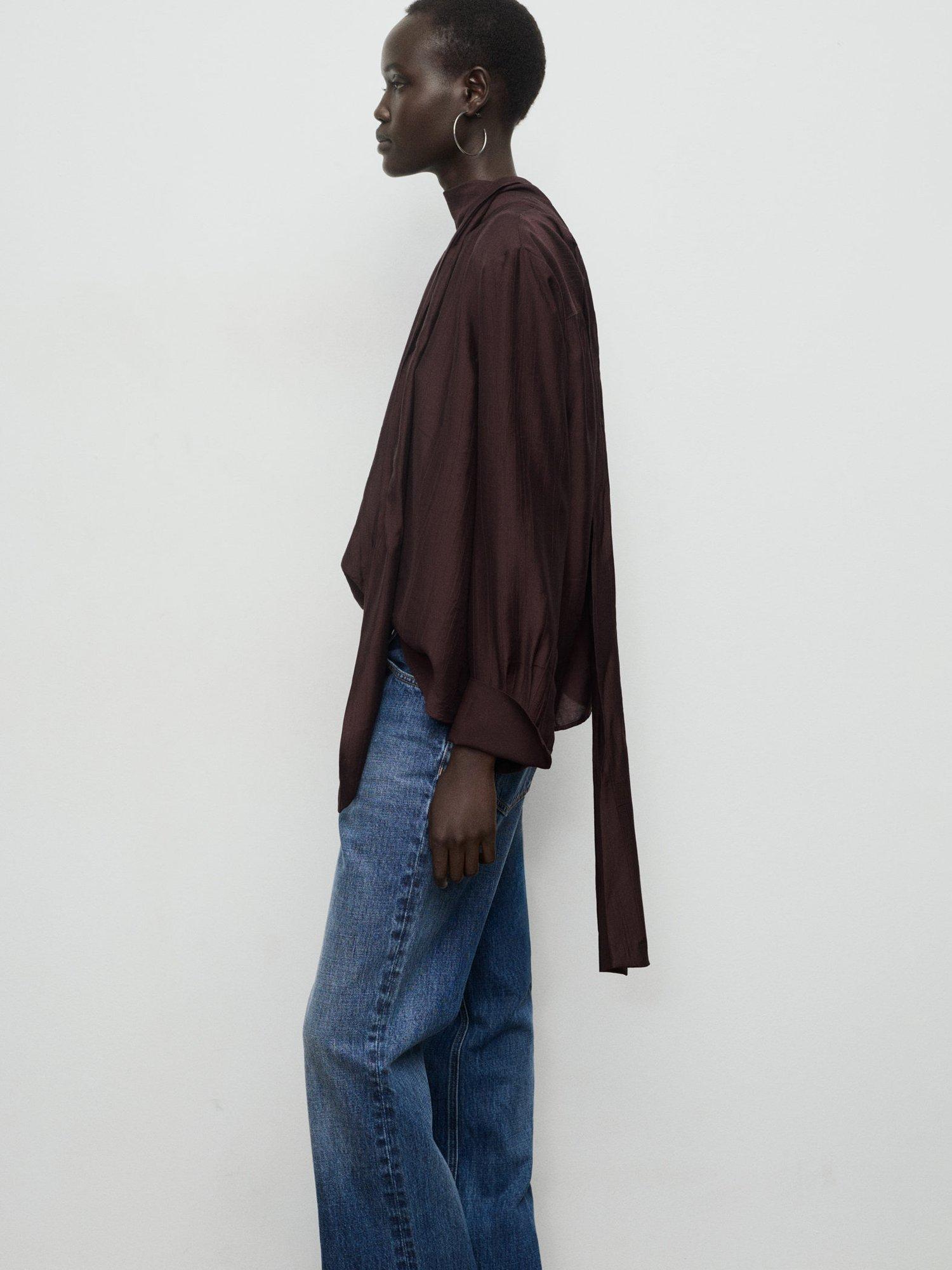 Product image 7 of 8, which shows Mango Stut Scarf Detail Textured Top, Brown, 4