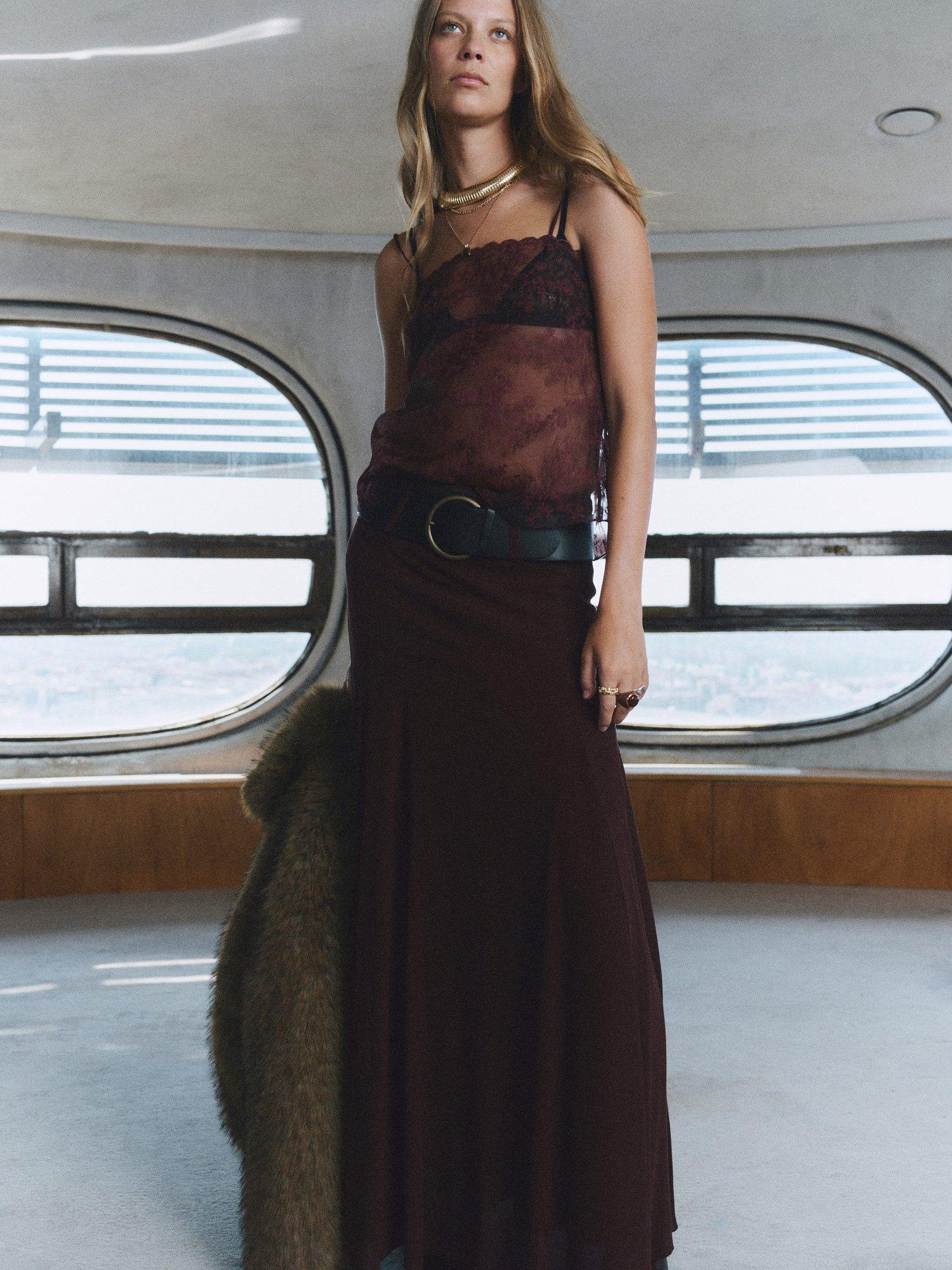 Product image 1 of 6, which shows Mango Lea Belted Godet Skirt, Dark Red, 8