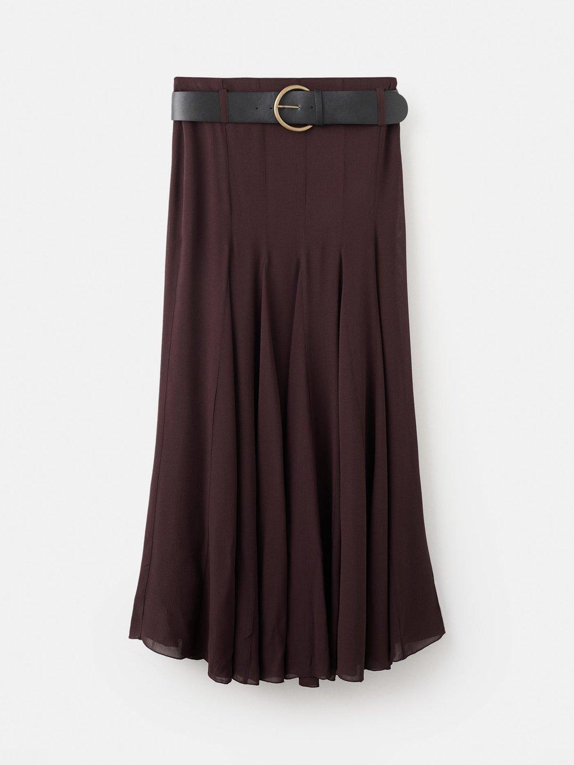 Product image 3 of 6, which shows Mango Lea Belted Godet Skirt, Dark Red, 8